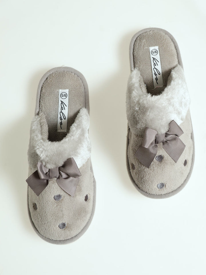 Polka Dot Closed Toe Slipper With Bow - Light Grey