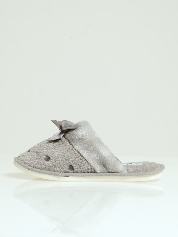 Polka Dot Closed Toe Slipper With Bow - Light Grey