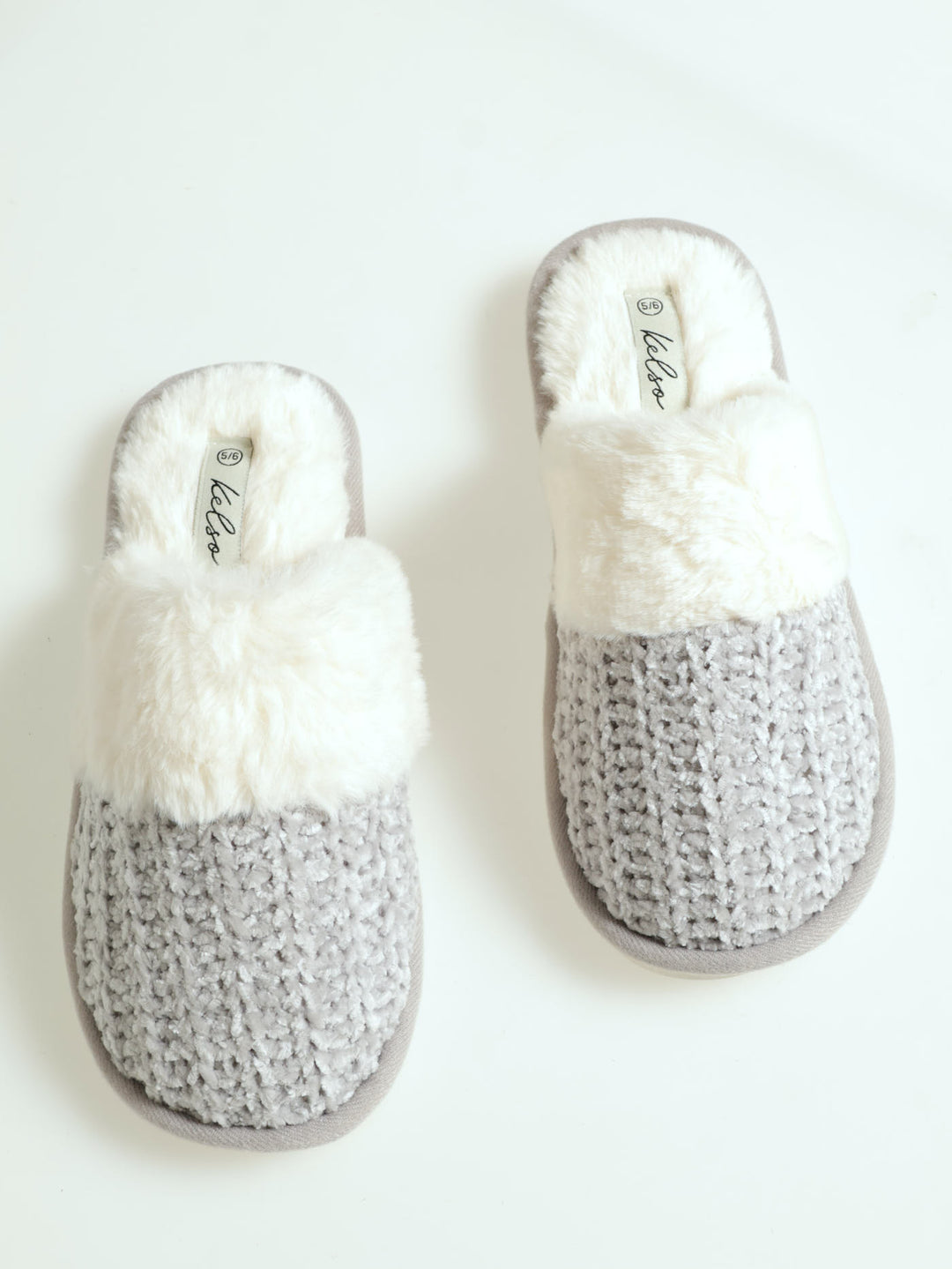 Chenille Closed Toe Slipper With Fur Topline - Light Grey