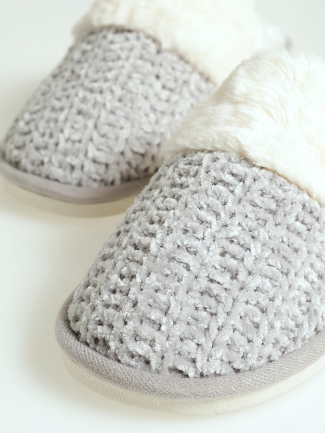 Chenille Closed Toe Slipper With Fur Topline - Light Grey