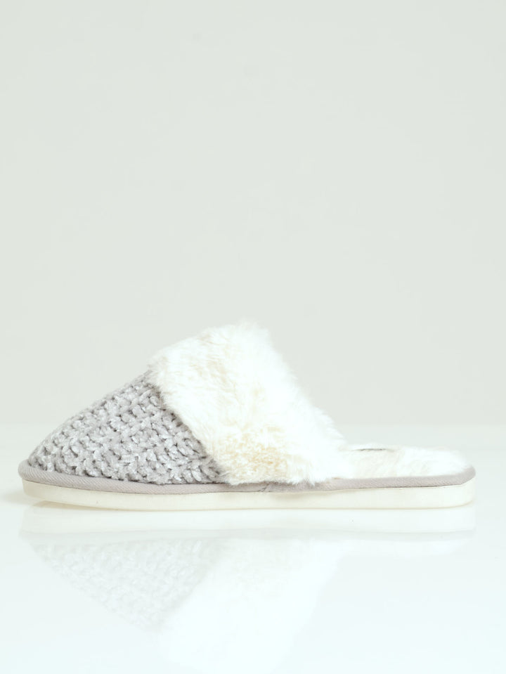 Chenille Closed Toe Slipper With Fur Topline - Light Grey