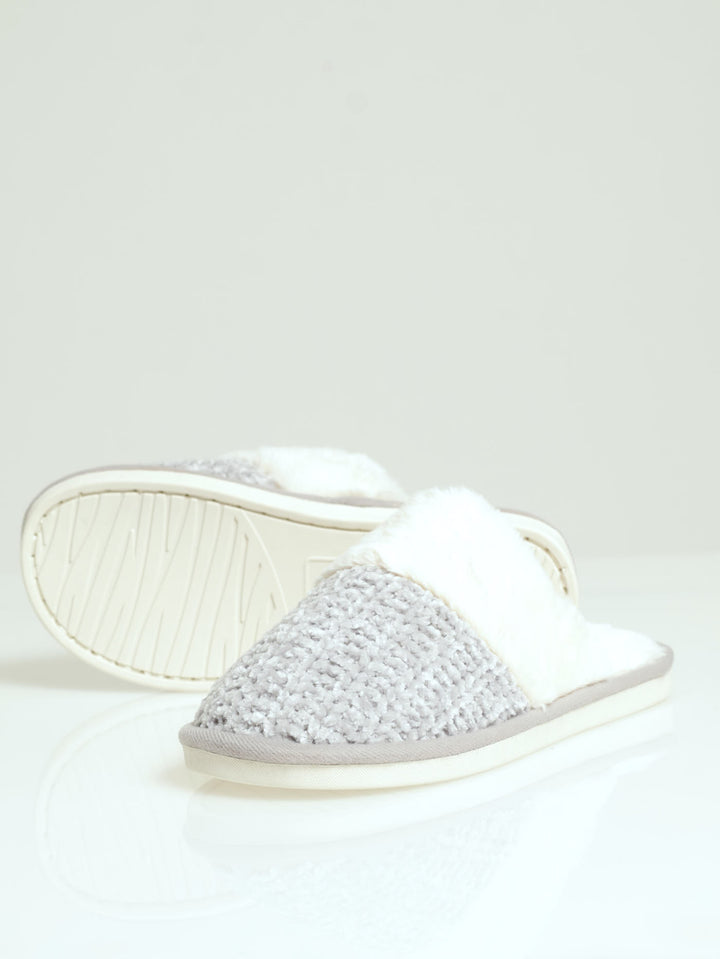 Chenille Closed Toe Slipper With Fur Topline - Light Grey