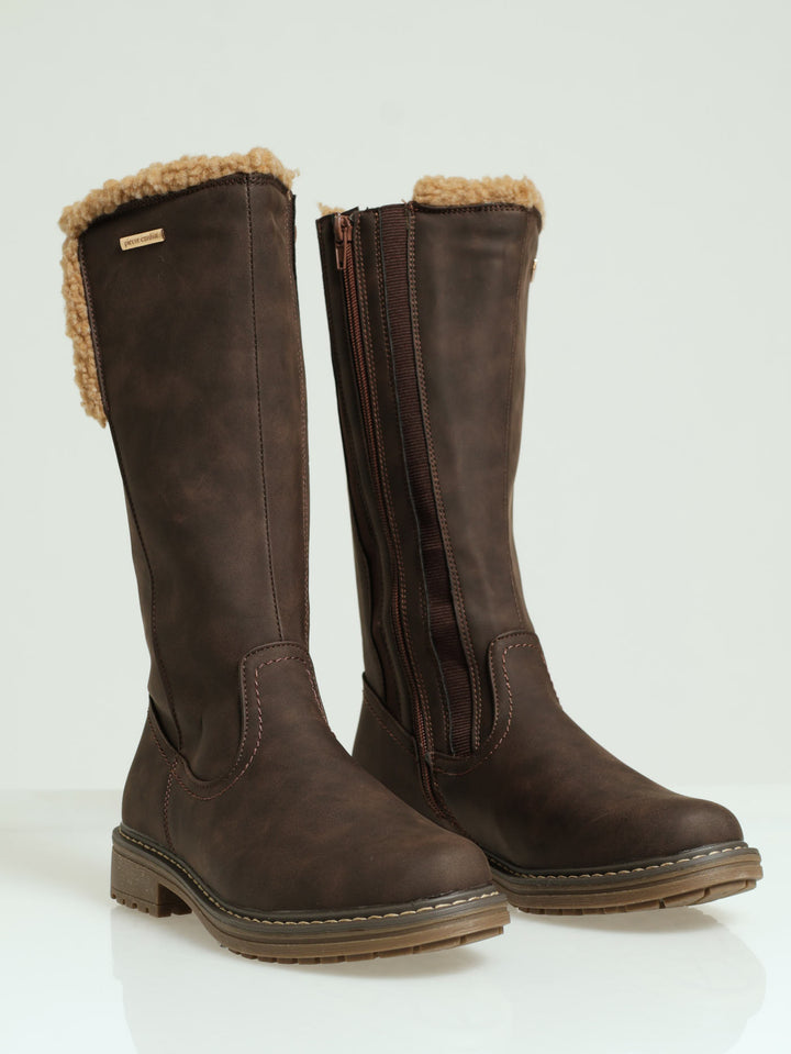 Sherpa Trim Long Boots - Brown