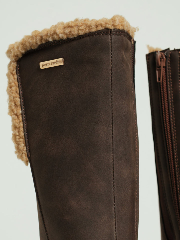 Sherpa Trim Long Boots - Brown