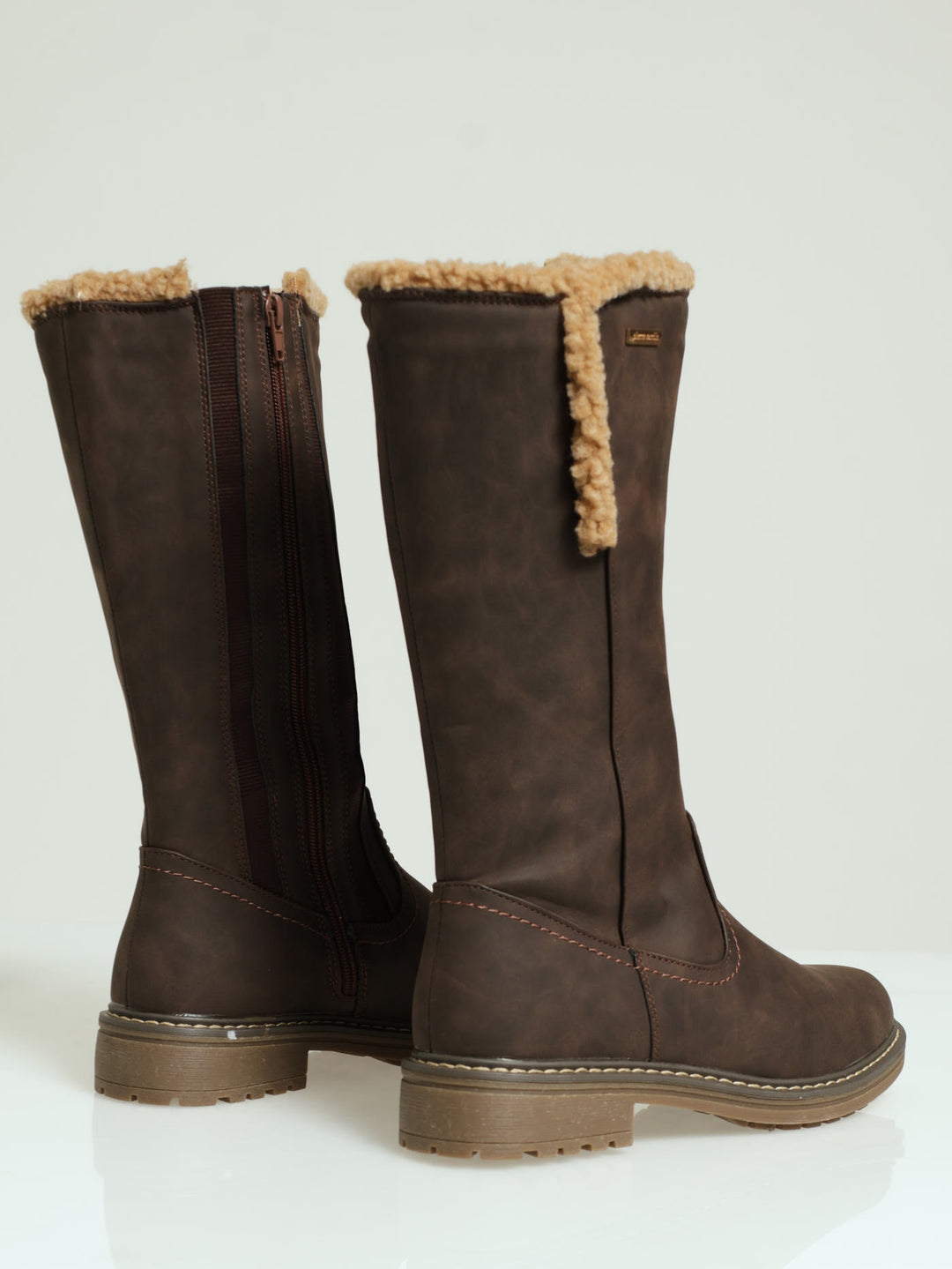 Sherpa Trim Long Boots - Brown