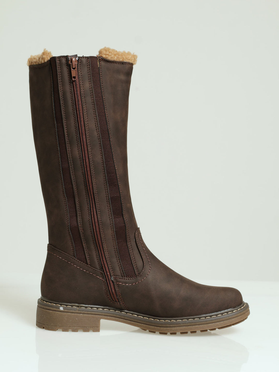 Sherpa Trim Long Boots - Brown