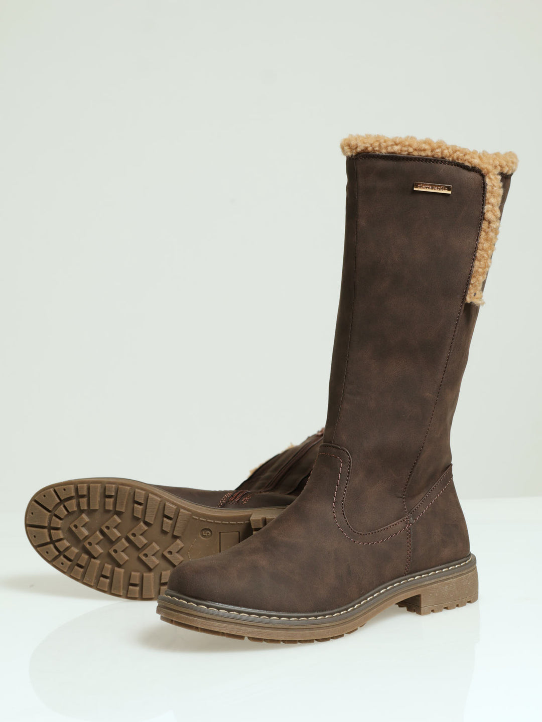 Sherpa Trim Long Boots - Brown