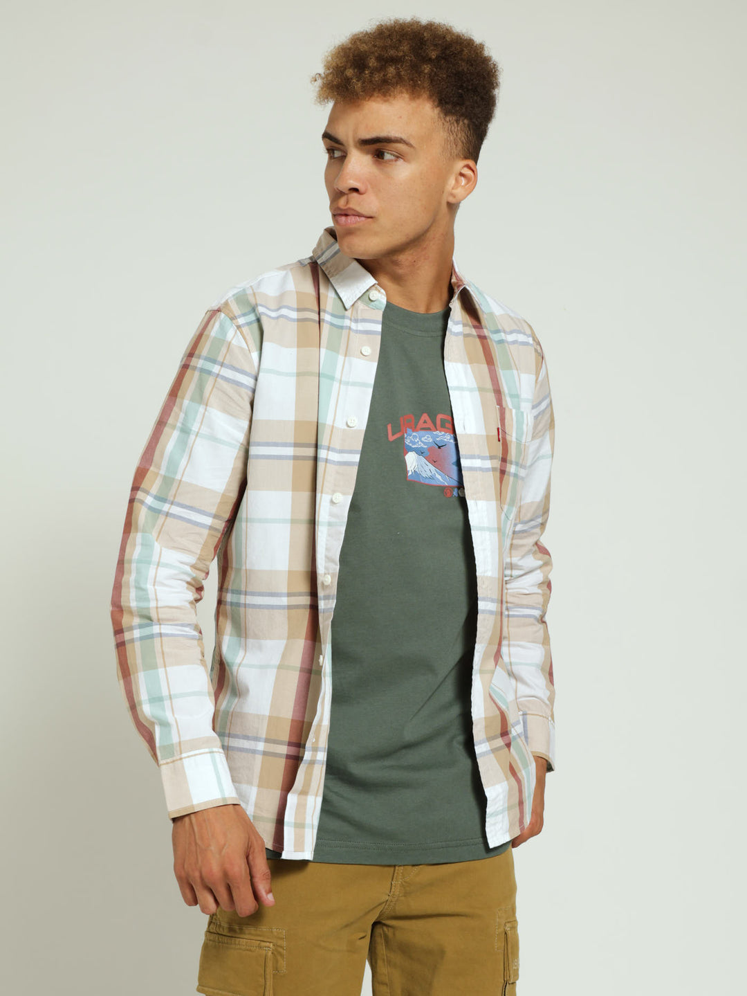 Classic 1 Pocket Standard Charleston Plaid Shirt - Stone