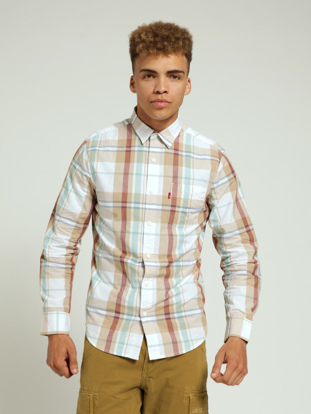 Classic 1 Pocket Standard Charleston Plaid Shirt - Stone