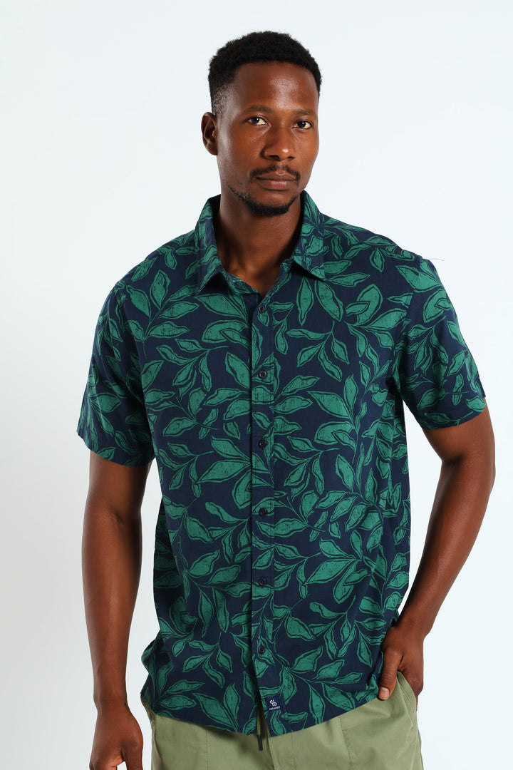 Collar Leaf Print Shirt - Olive