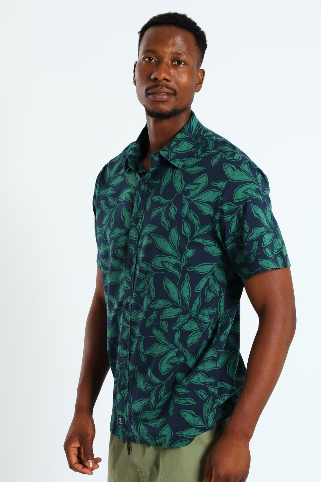 Collar Leaf Print Shirt - Olive