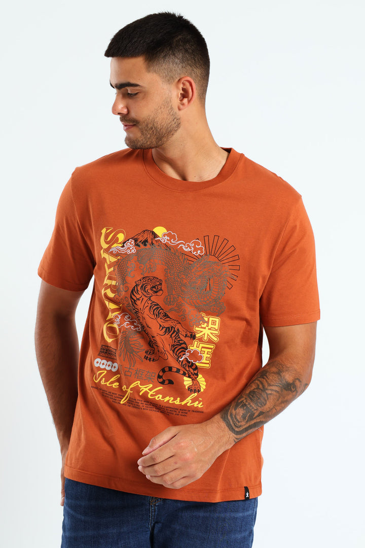 Tiger & Dragon Front Print Tee - Rust