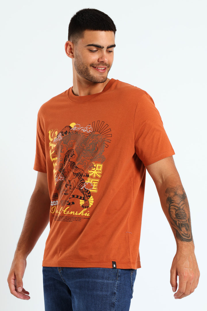 Tiger & Dragon Front Print Tee - Rust