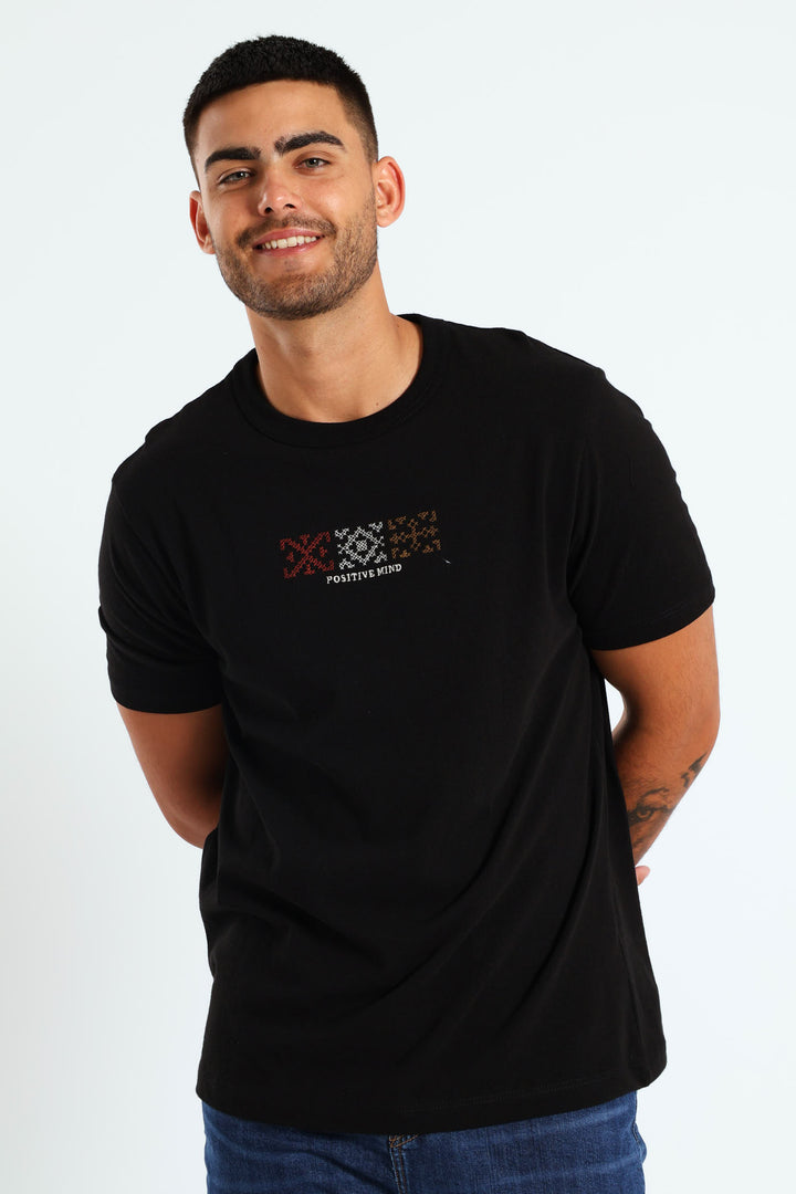 Trio Block Embroidered Tee - Black