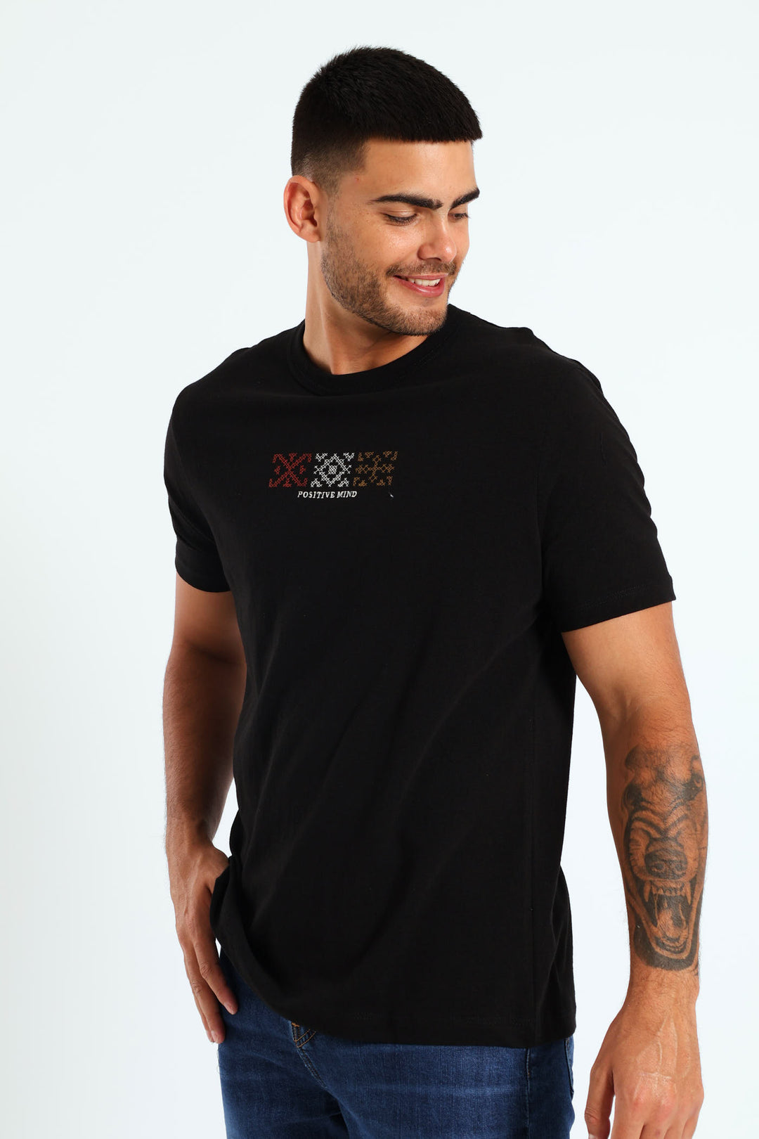 Trio Block Embroidered Tee - Black