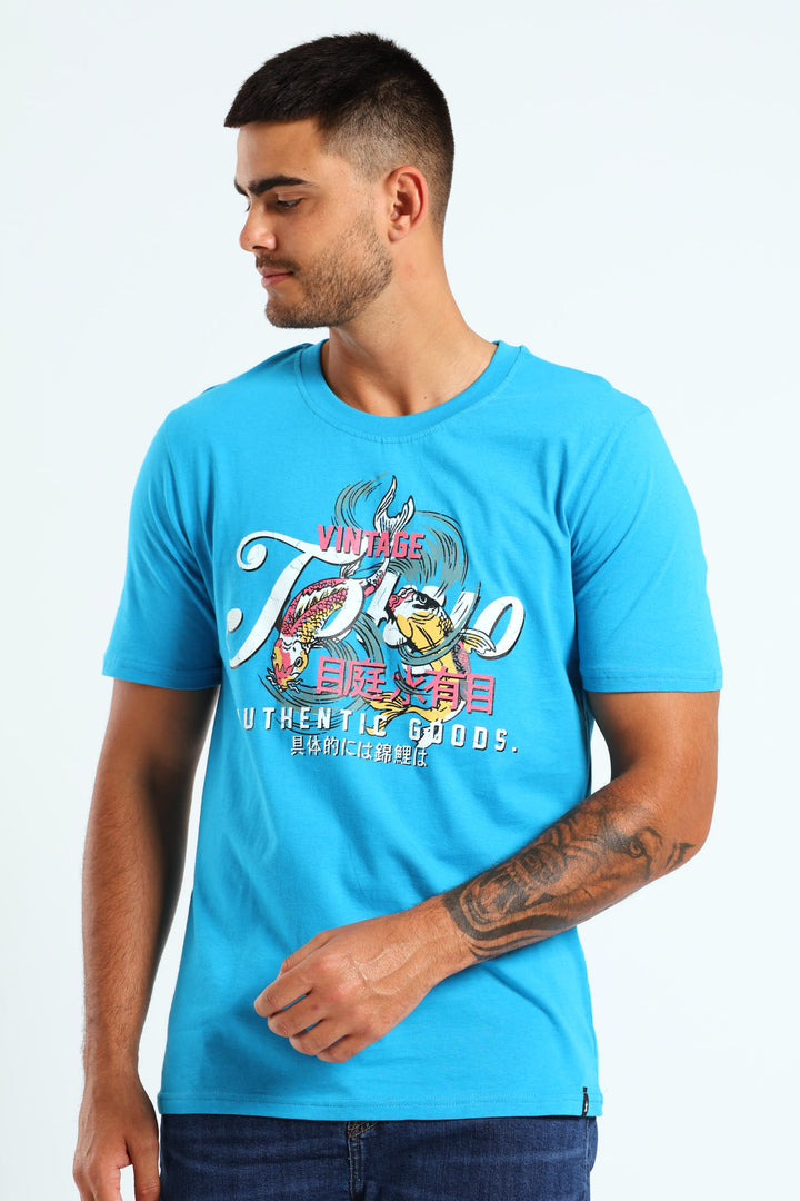 Koi Back & Front Print T-Shirt - Aqua