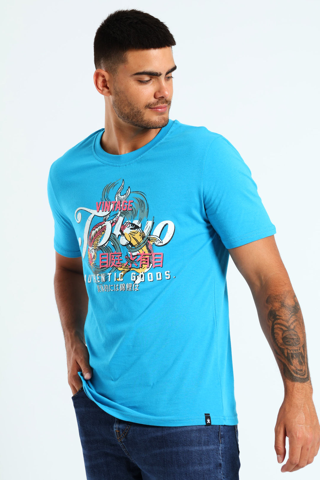 Koi Back & Front Print T-Shirt - Aqua