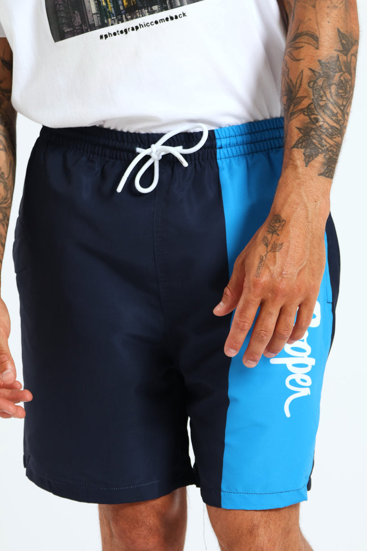 Two Tone Script Swim Short - Light Blue/Navy