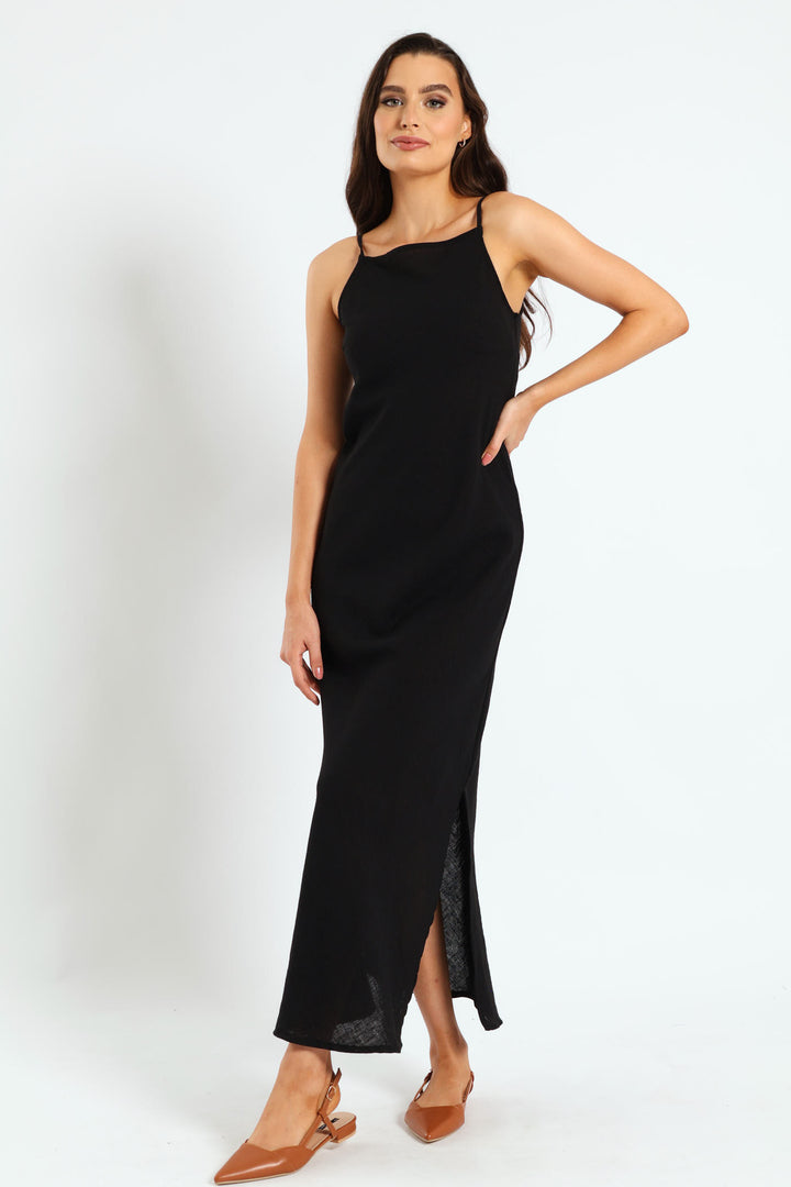 Strappy Hi-Neck Maxi Slip Dress - Black