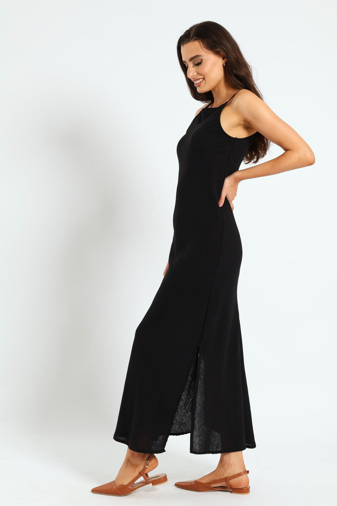 Strappy Hi-Neck Maxi Slip Dress - Black