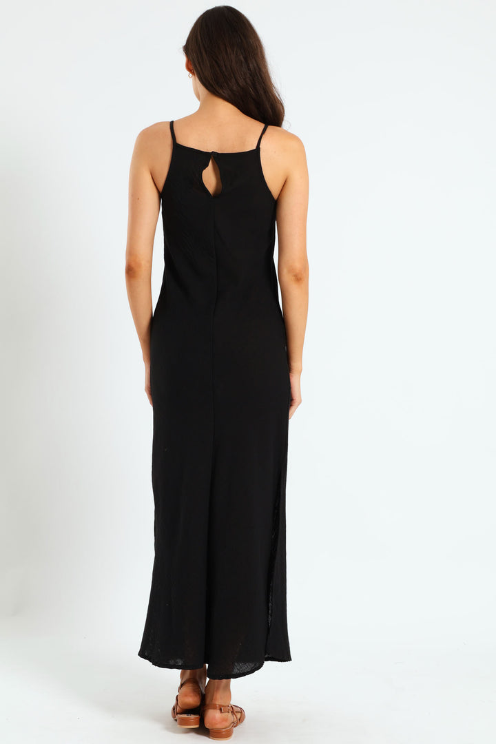 Strappy Hi-Neck Maxi Slip Dress - Black