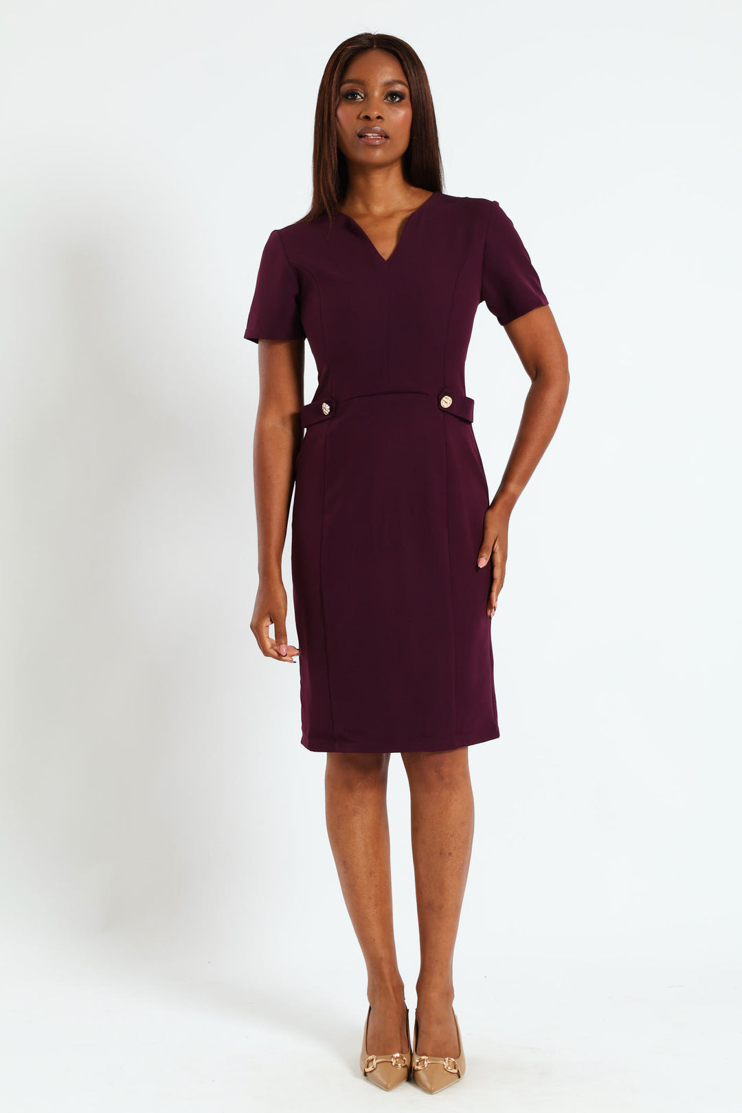 V-Neck Notch Side Tab Pencil Dress - Plum