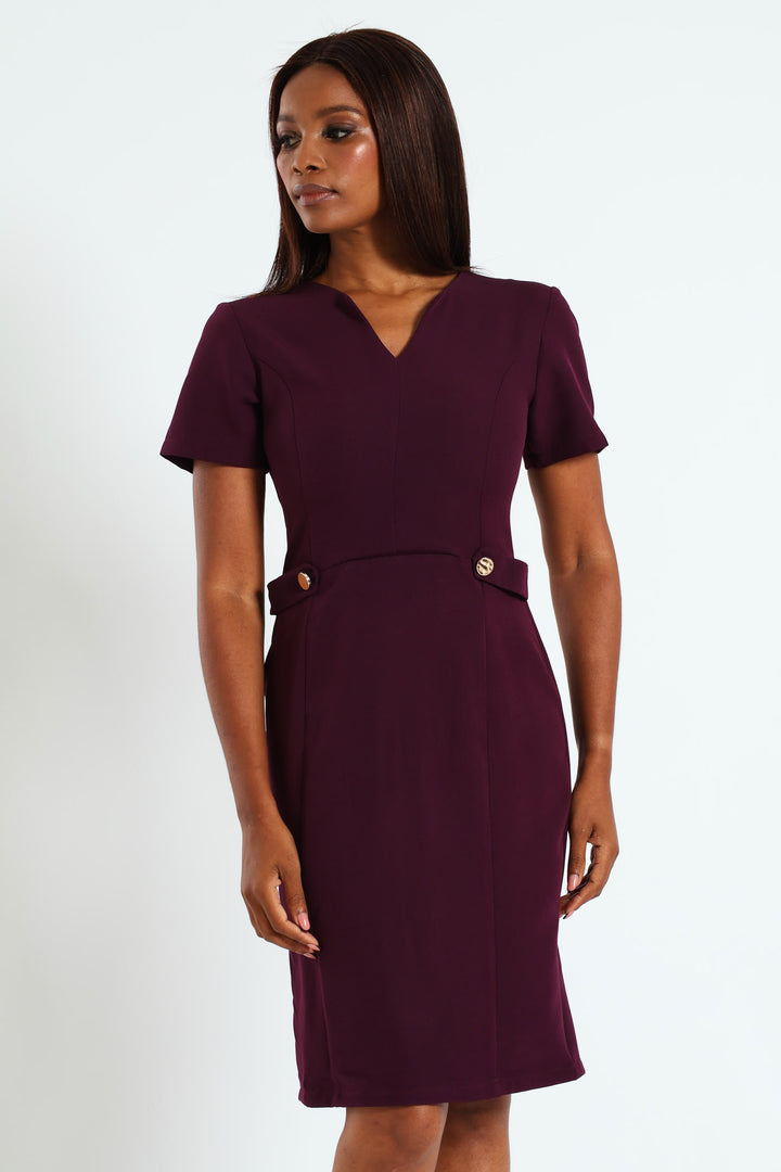 V-Neck Notch Side Tab Pencil Dress - Plum