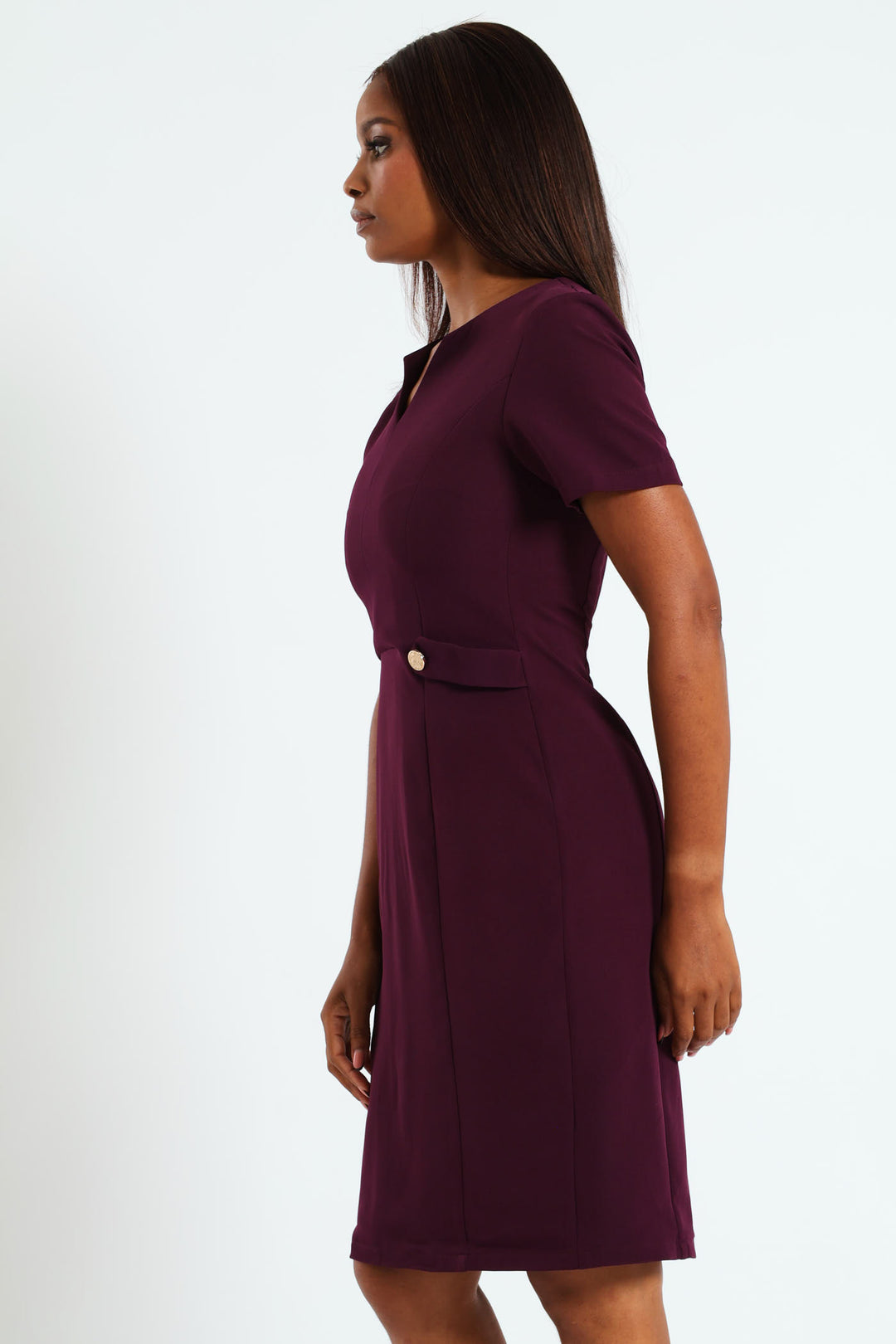 V-Neck Notch Side Tab Pencil Dress - Plum