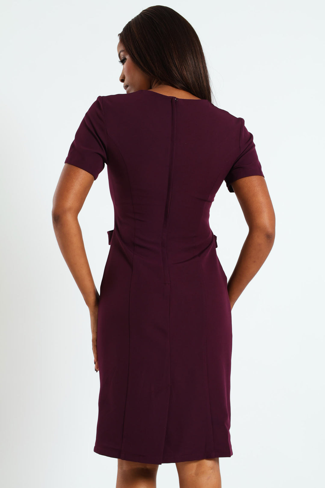 V-Neck Notch Side Tab Pencil Dress - Plum