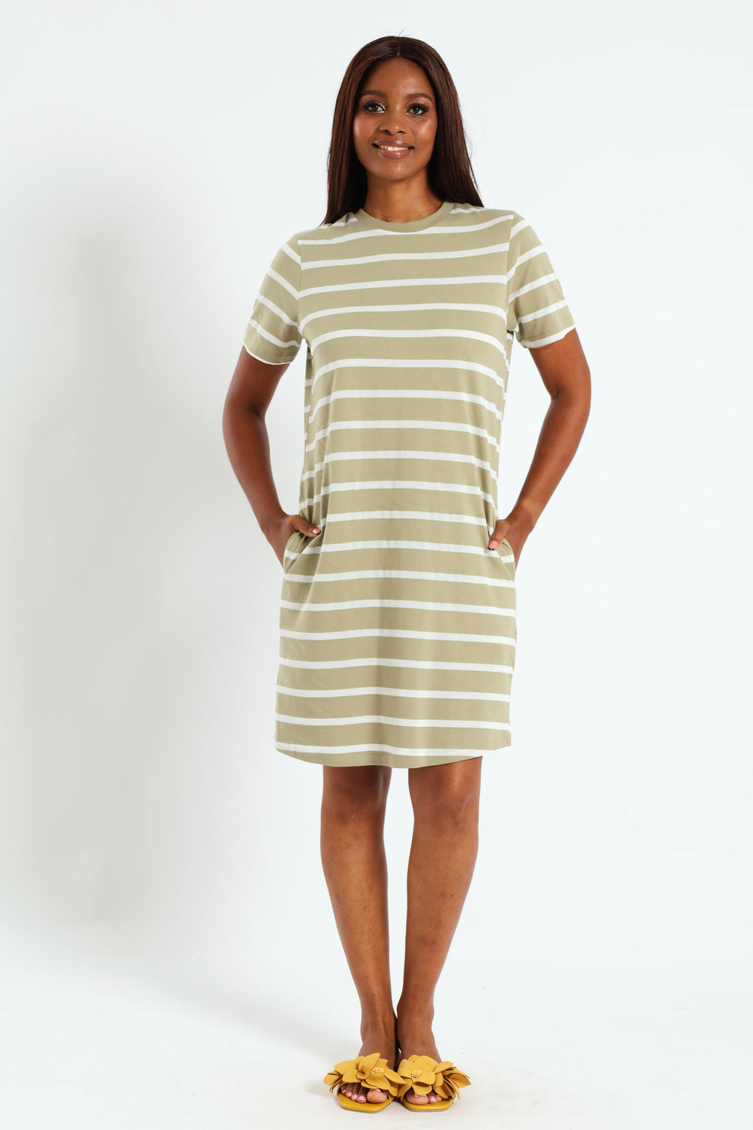 Crew Neck Stripe T-Shirt Dress With Pockets - Fatigue/Cream