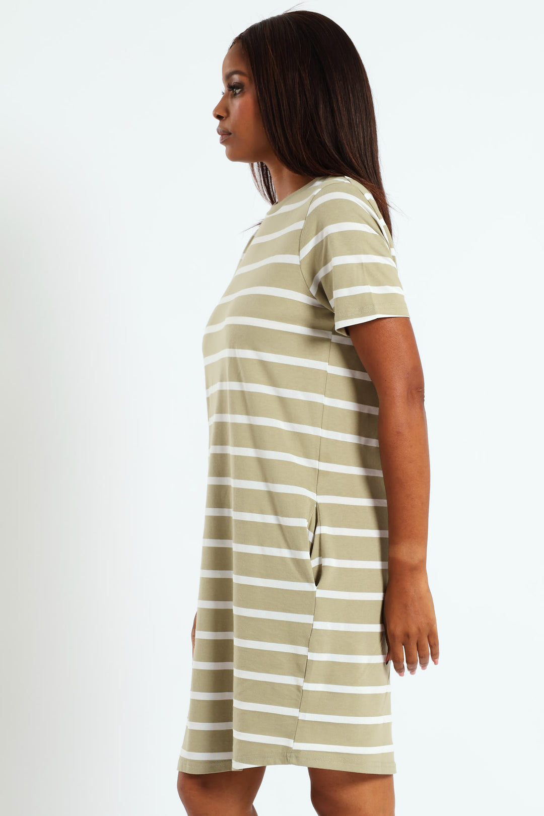 Crew Neck Stripe T-Shirt Dress With Pockets - Fatigue/Cream