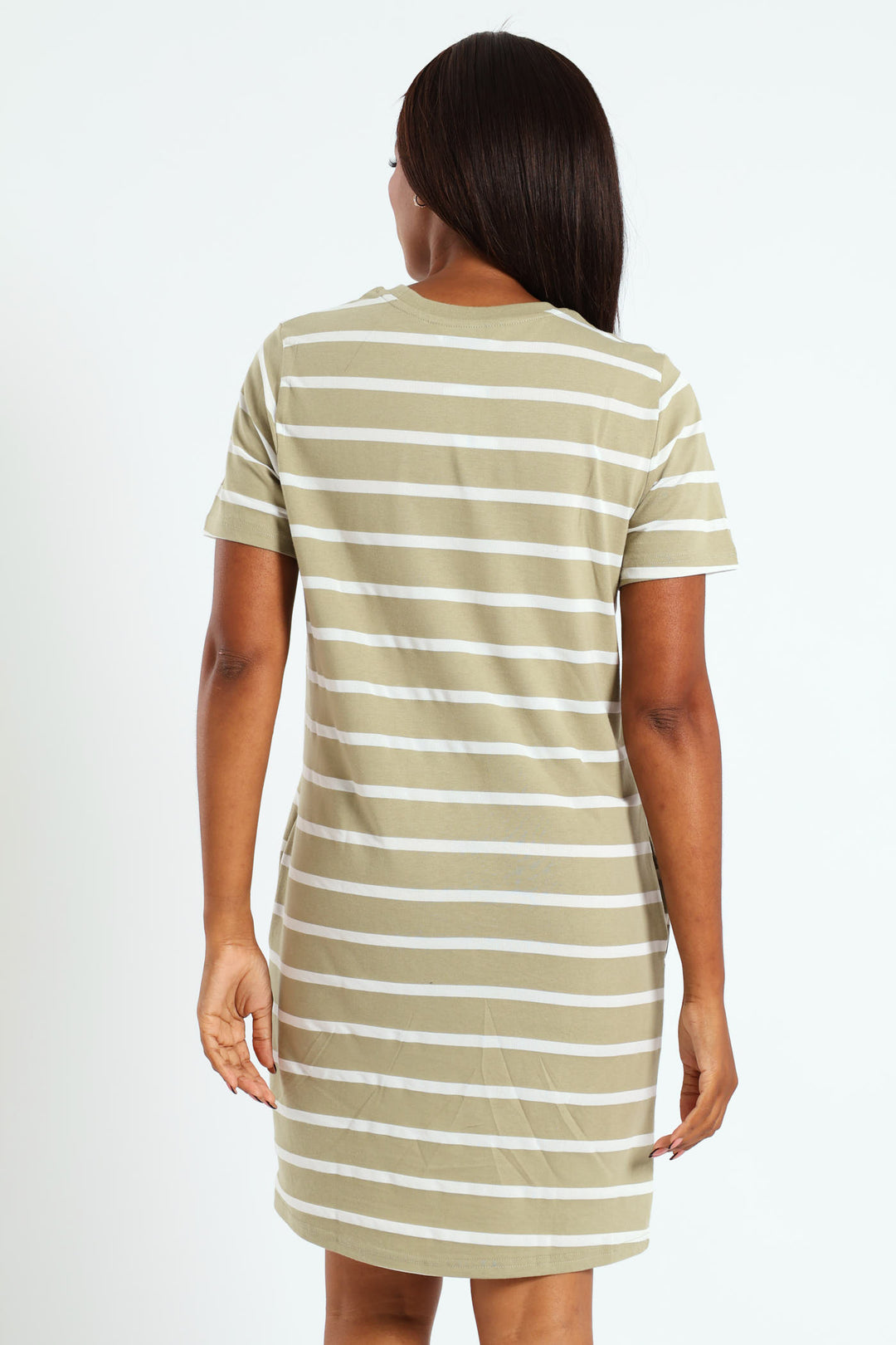 Crew Neck Stripe T-Shirt Dress With Pockets - Fatigue/Cream