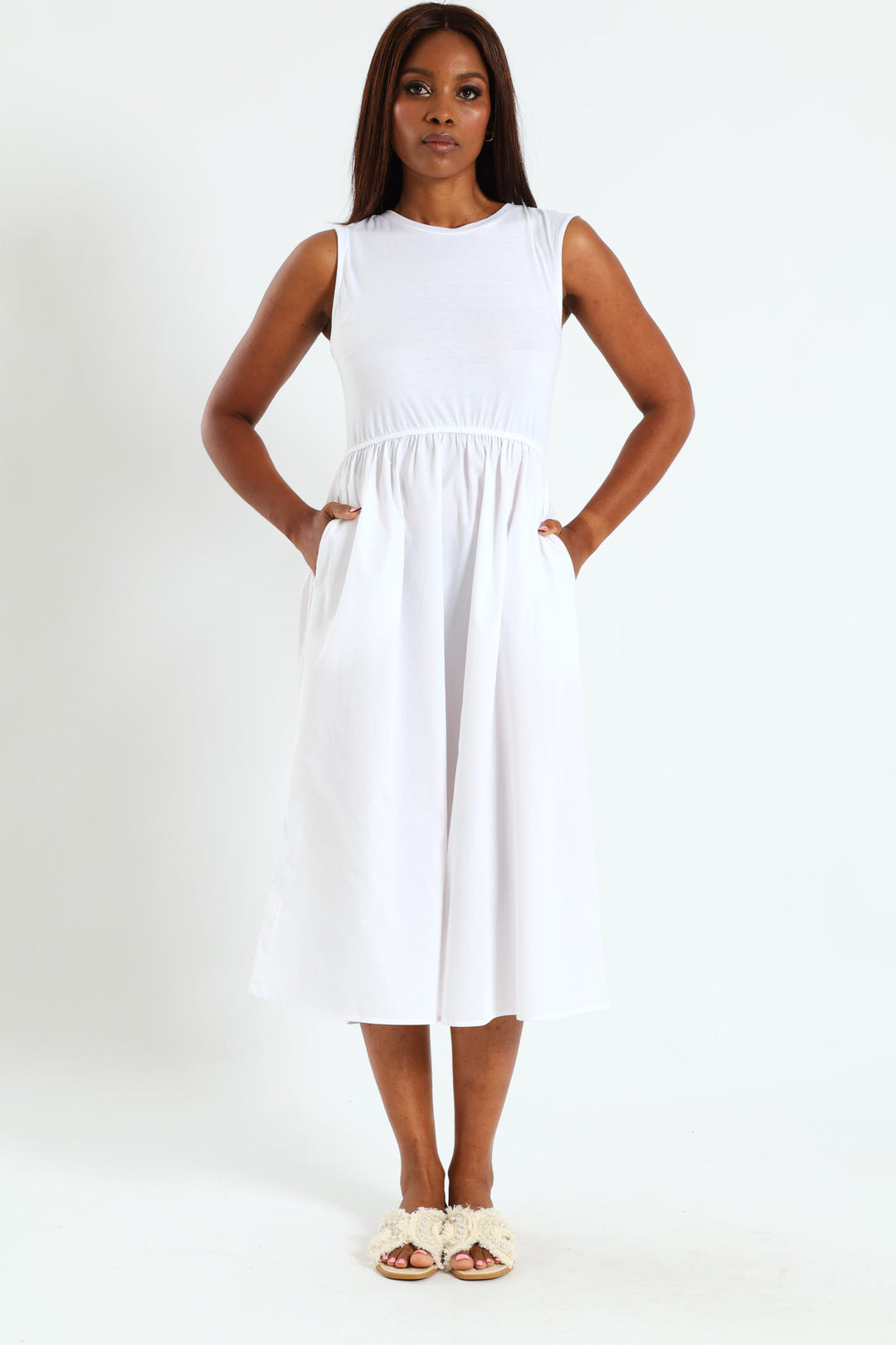 Hineck Fit & Flare Combo Midi Dress - White