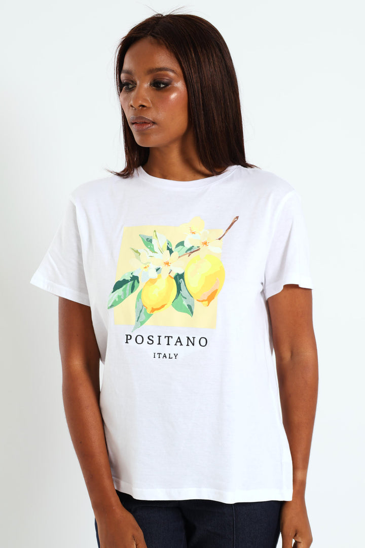 Embroidered Positano Lemon Tee - White