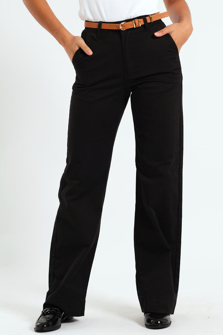 Belted Stretch Sateen Wideleg Chino Pants - Black