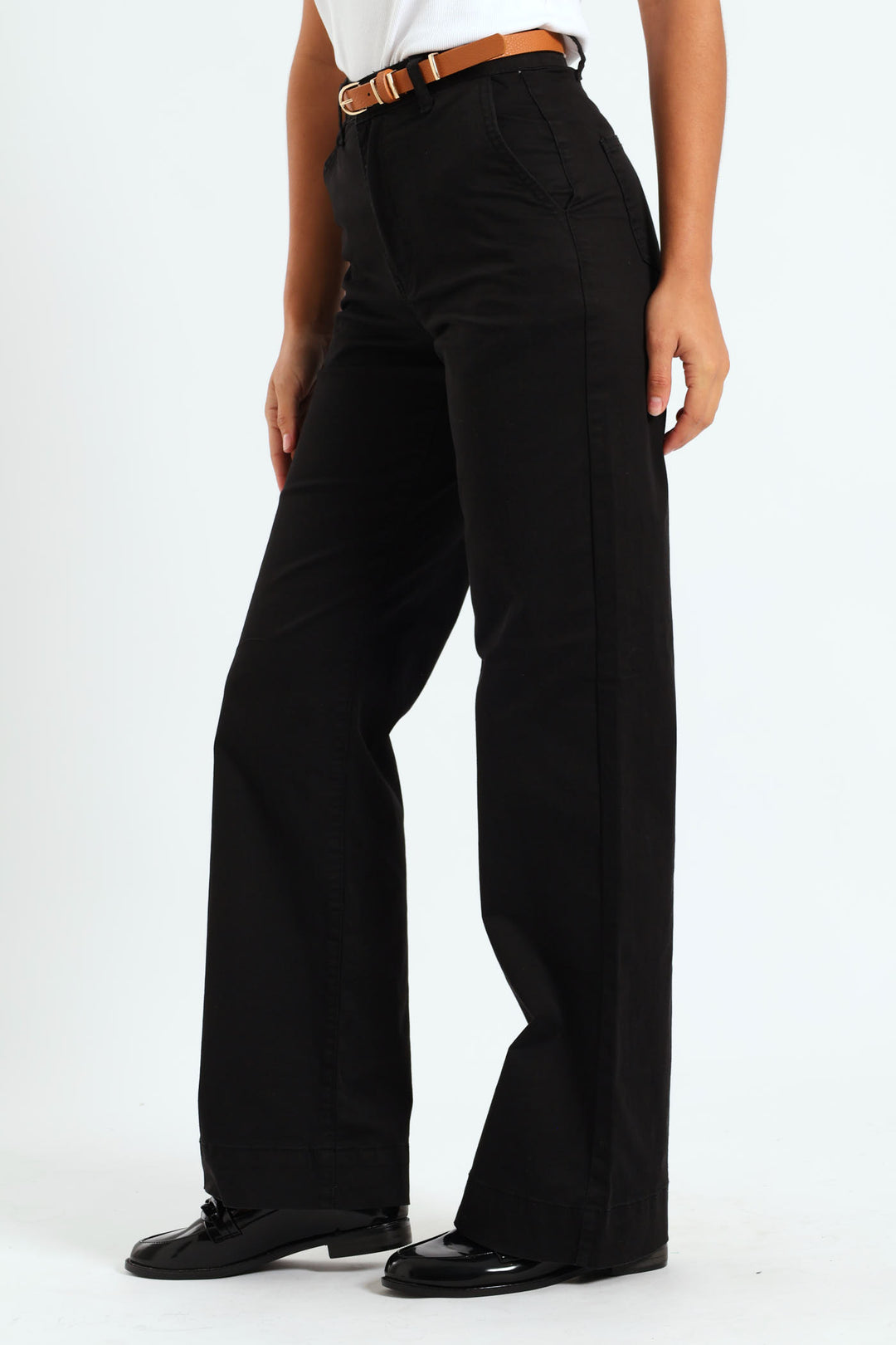 Belted Stretch Sateen Wideleg Chino Pants - Black