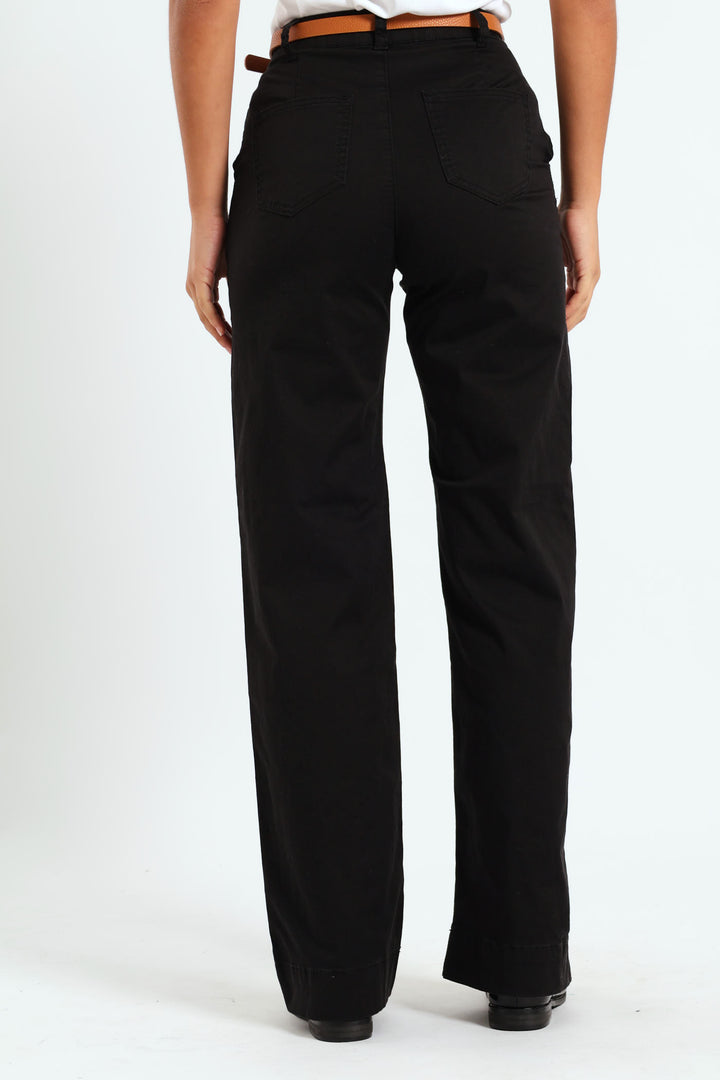 Belted Stretch Sateen Wideleg Chino Pants - Black