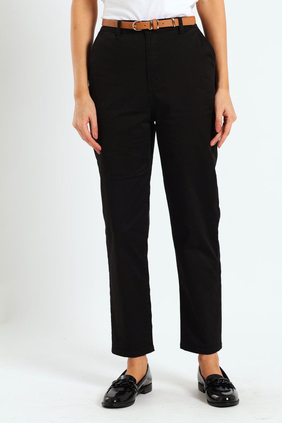 Belted Stretch Sateen Chino Pants - Black