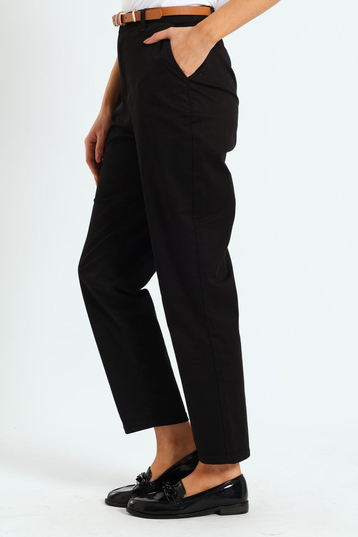 Belted Stretch Sateen Chino Pants - Black