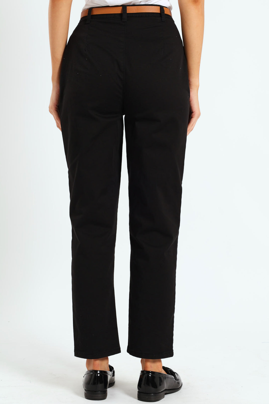 Belted Stretch Sateen Chino Pants - Black