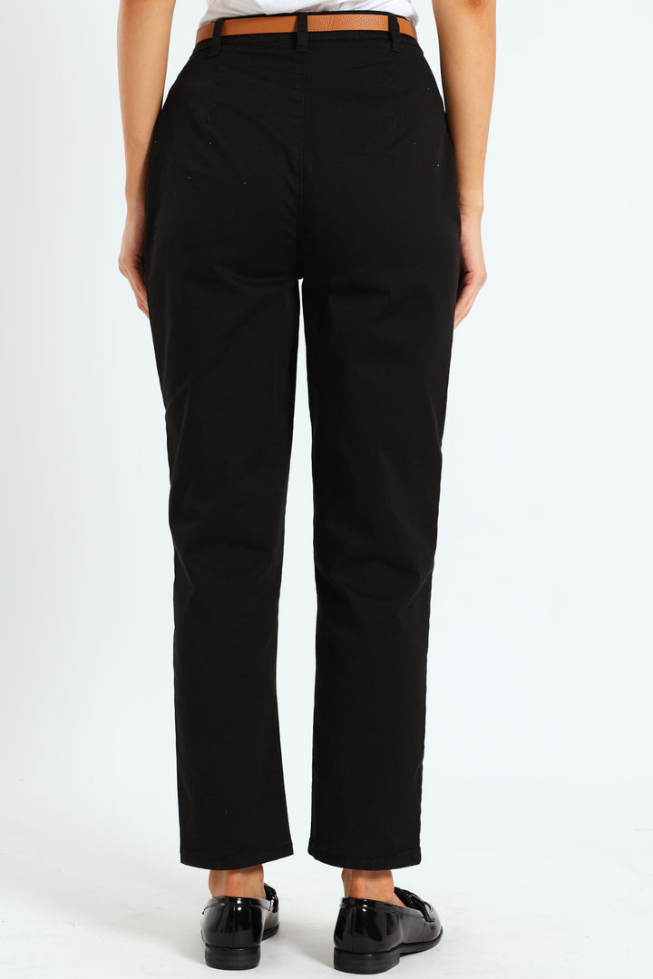 Belted Stretch Sateen Chino Pants - Black