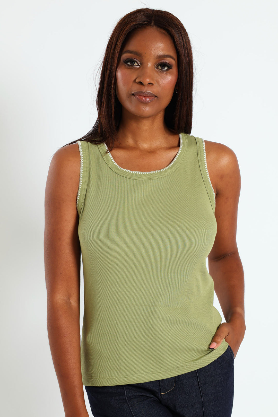 Stitch Edge Detail Rib Tank - Cabbage