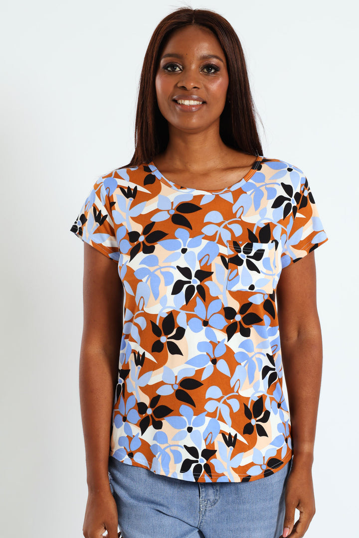 Floral Print Swirl Pocket Tee - Cream/Blue