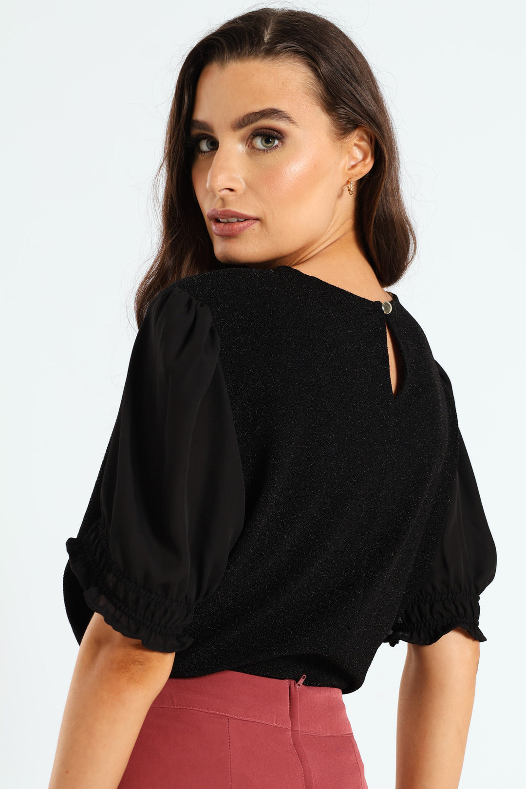 Shimmer Frill Sleeve Knitwear Top - Black