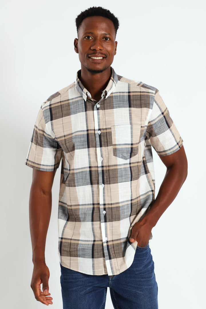 Button Down Slub Check Shirt - White