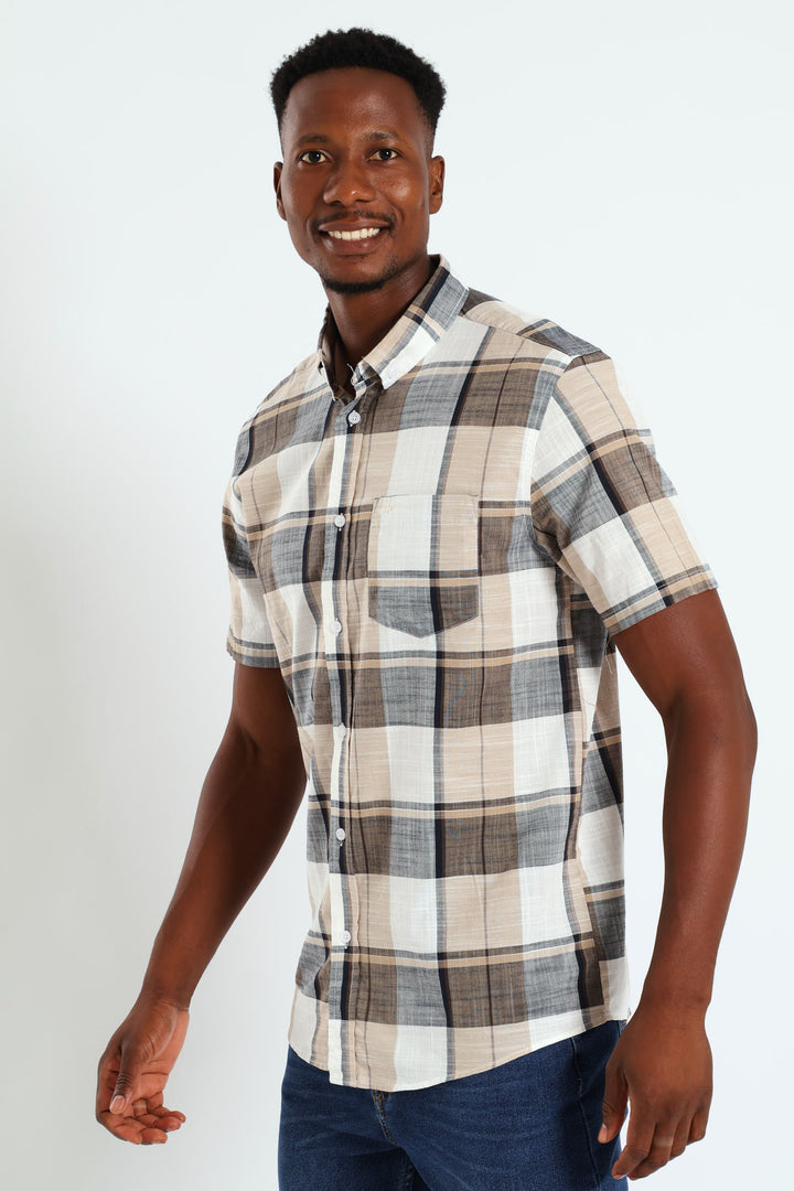 Button Down Slub Check Shirt - White