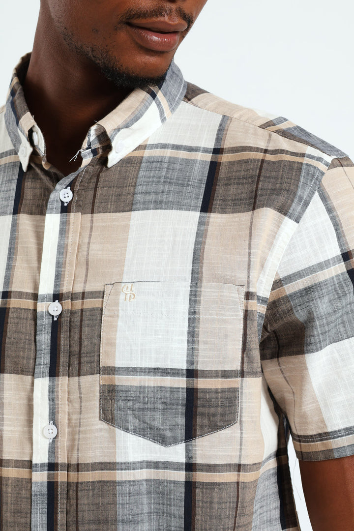 Button Down Slub Check Shirt - White