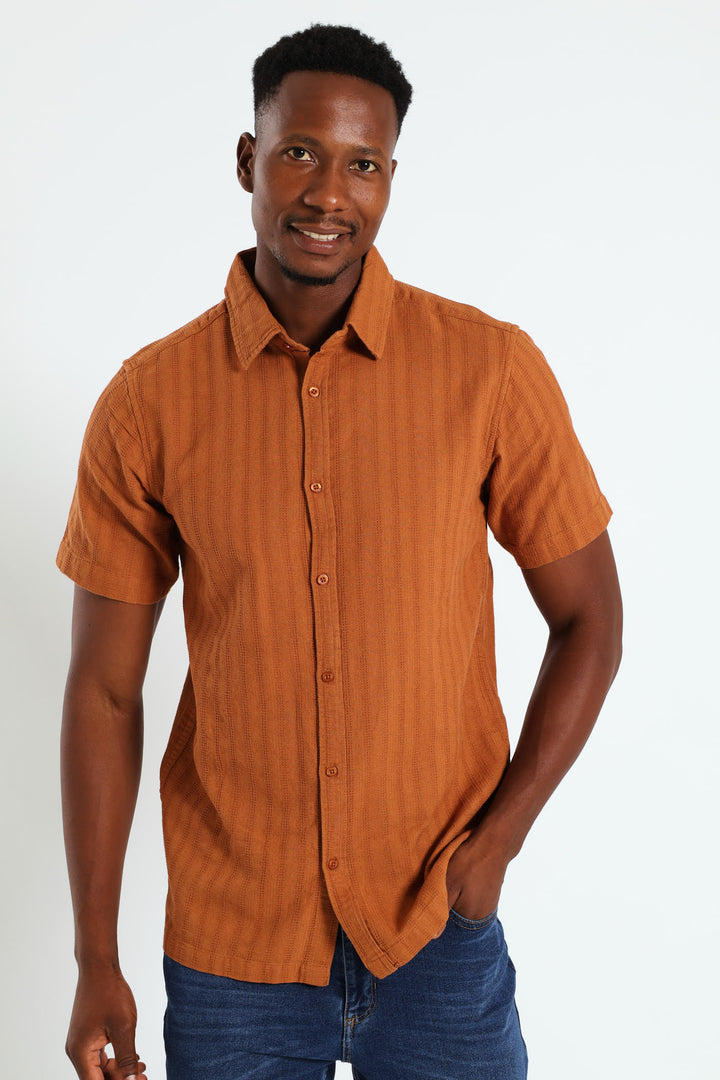 Reverend Collar Plain Stripe Shirt - Rust