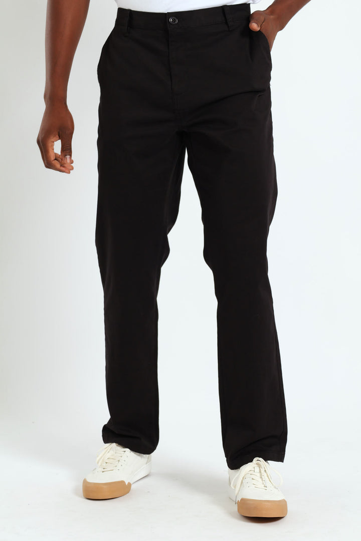 Basic Straight Stretch Chino Trousers - Black