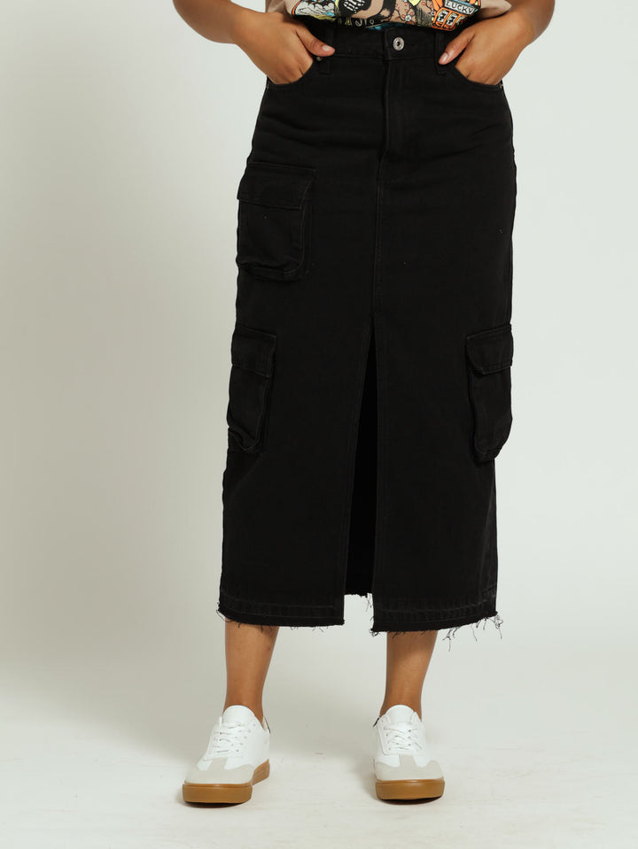 Denim Utility Midi Skirt - Black